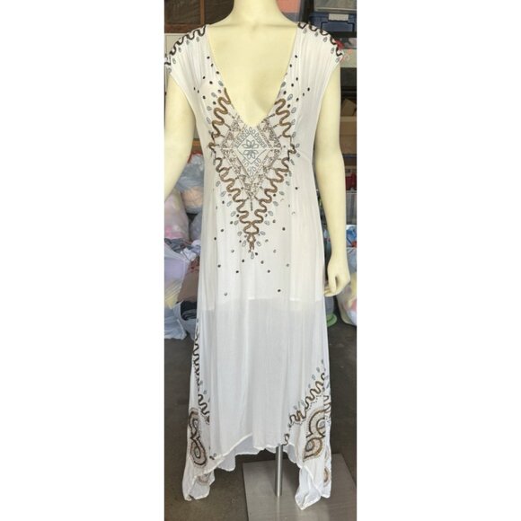 Jen's Pirate booty High Low Ivory Gold V Neck Beads Embroidered Zip Medium Boho - Picture 3 of 16